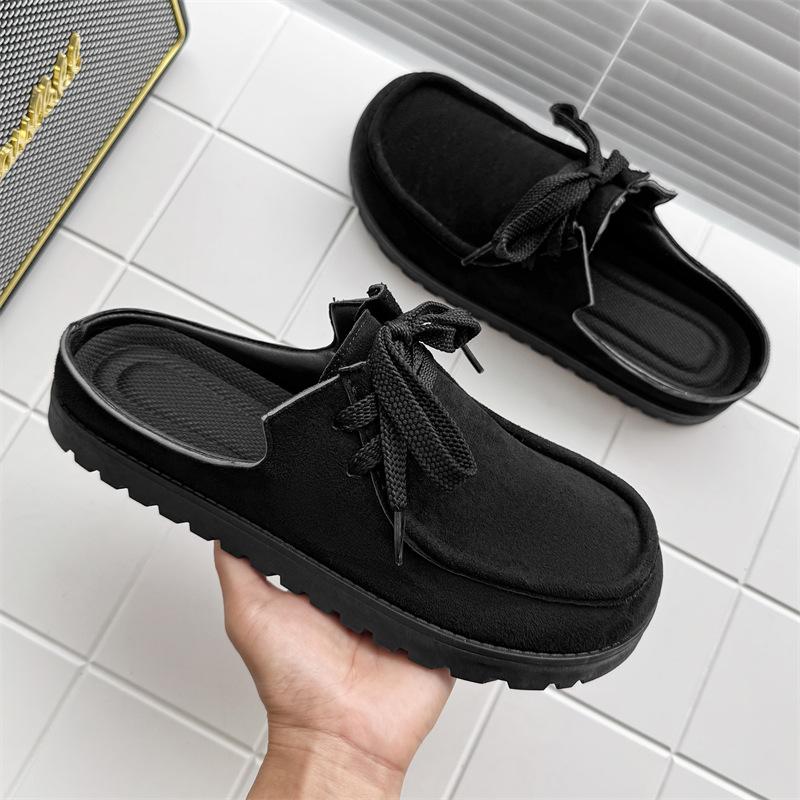 Men's Loafers Summer Comfortable Suede Casual Shoes Retro Platform Lace-up Flat Half Slippers Mules Zapatos Para Hombre