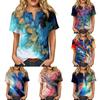Women's Short Sleeve Linen Cotton Blend Shirt Henley Neck Button Front Pocket Casual Summer Top with Artistic Abstract Print