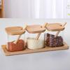 Three-Piece Glass Seasoning Jar Set with Wooden Salt Shaker and Sugar Bowl - Creative Kitchenware