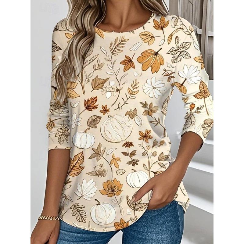 Ladies' Leaf Print Round Neck Long Sleeved T-shirt Fashionable Casual Top Pullover Clothing