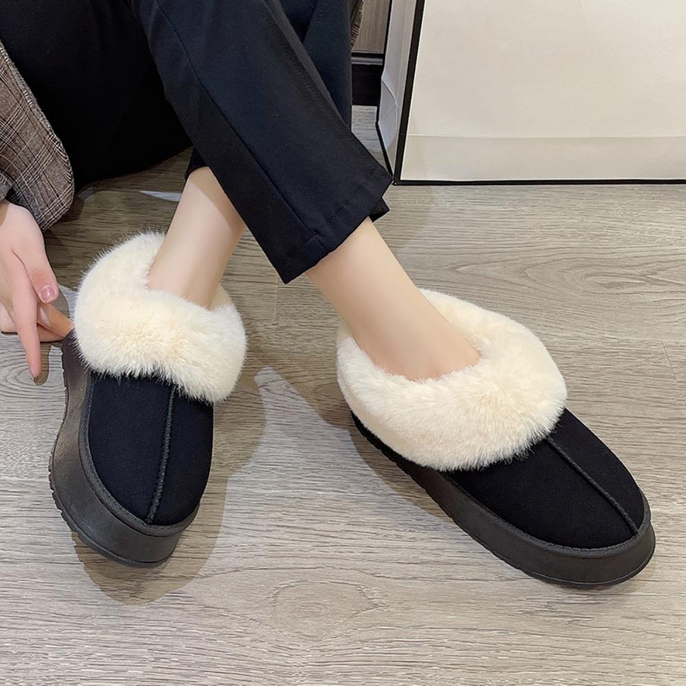 Winter Warm Verdikken Pluche Chunky Platform Katoenen Pantoffels Dames Platte Hakken Bontpantoffels Vrouw 2024 Nieuw Faux Suède Pluizige Schoenen