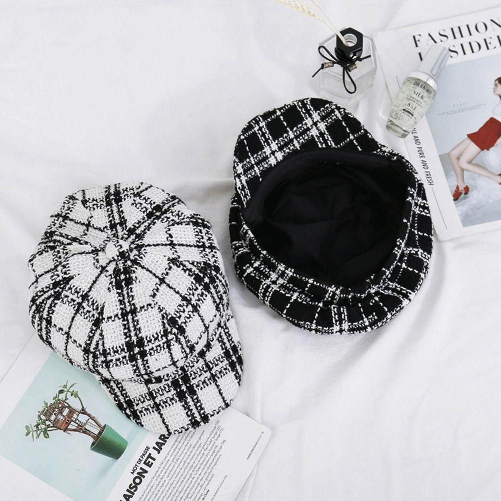 Korean Style Artist Hat Keep Warm For Girls Plaid Beret Women Visors Cap Octagonal Cap Painter Hat