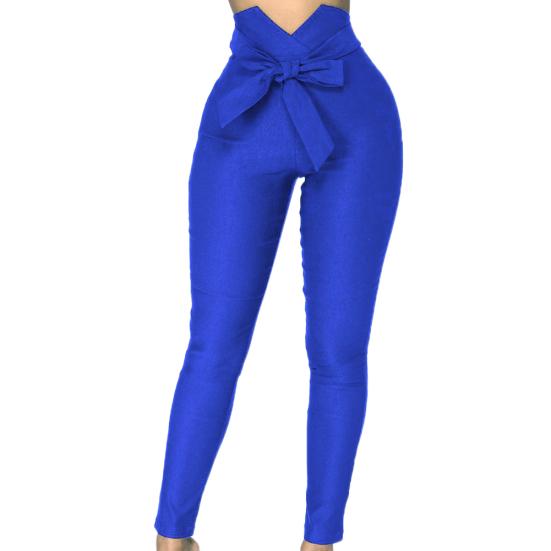 Chic Lady Solid Color High Waist Bow Belt Elastic Slim Fit Pencil Pants Trousers