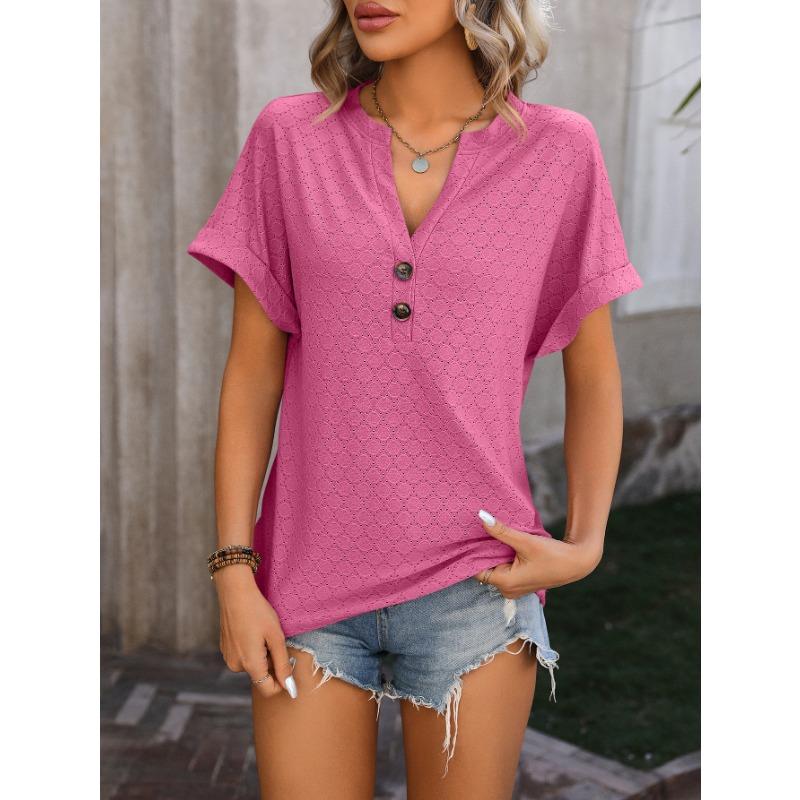 YYFS Women's Fashion Casual Summer Spring Solid Color Print Short Sleeve V-Neck Blouses & Shirts
