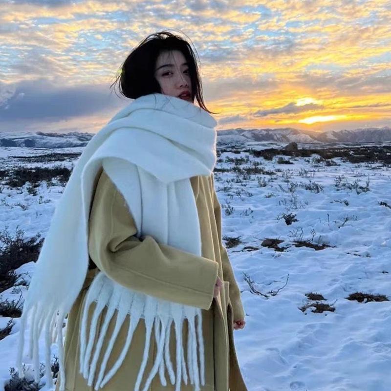 White Mohair Solid Color Scarf Girls Korean Autumn and Winter New Soft Waxy Warm Extended Scarf Shawl