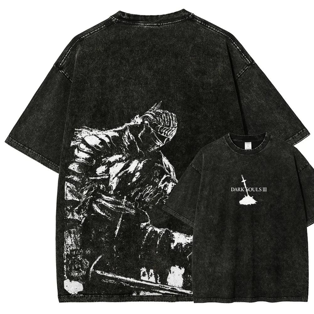 Classic Role Playing Games Dark Souls Graphic Print Vintage Washed T-shirt Men Women Fashion O-neck Cotton Oversized Casual Tees