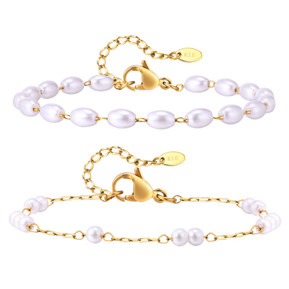 Pearl Bracelet Gold Plated, Stainless Steel Chain Adjustable Friendship Gift for Women