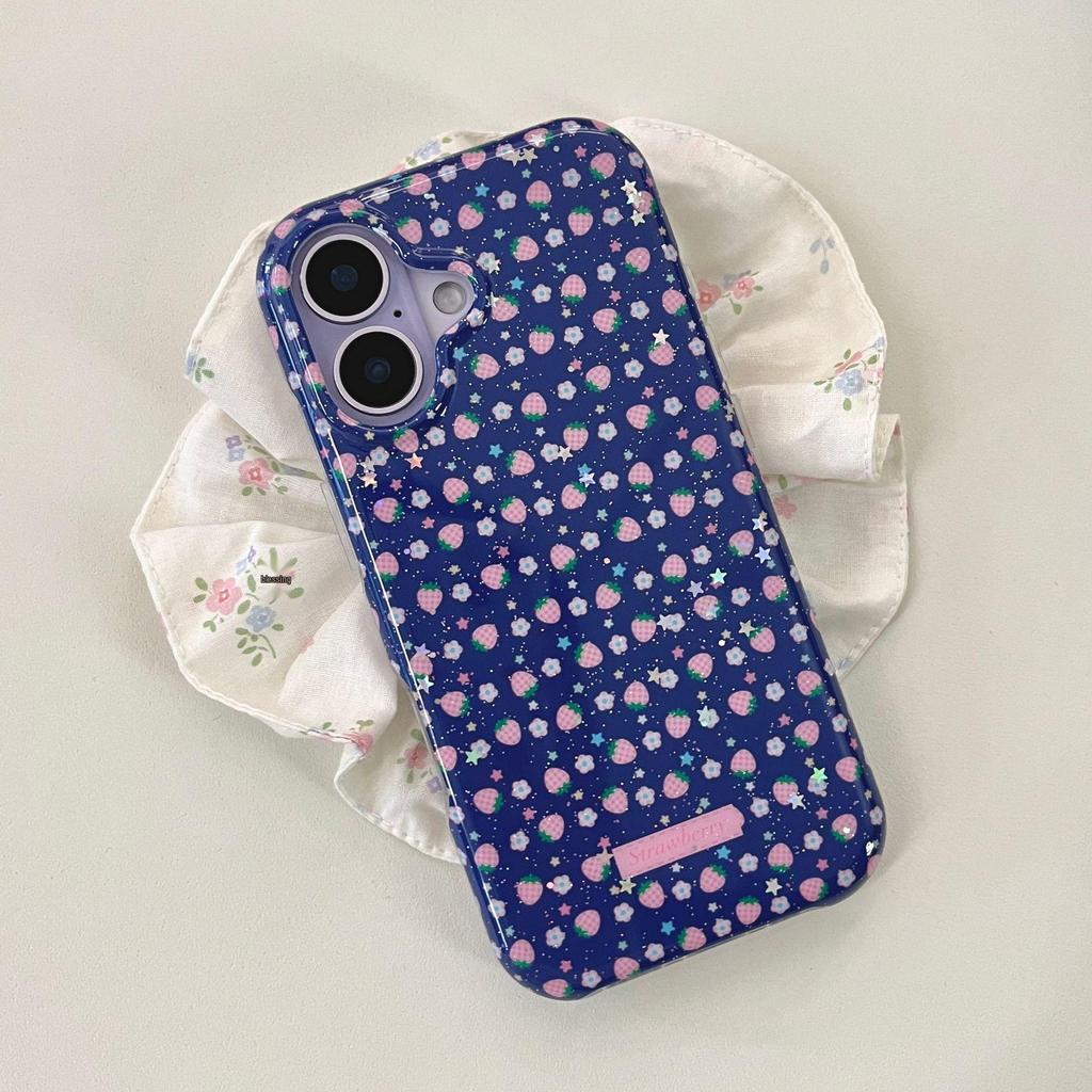 Korean Style Strawberry iPhone 14/15/16/17 Pro Max Blue Phone Case for Women
