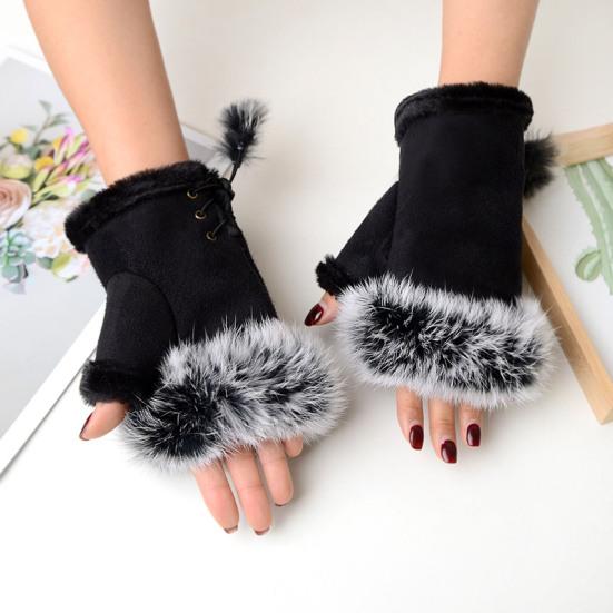 Women Fingerless Gloves Winter Suede Faux Fur Gloves Warm Fuzzy Half Finger Mittens for Women Girls Teens Writing Typing