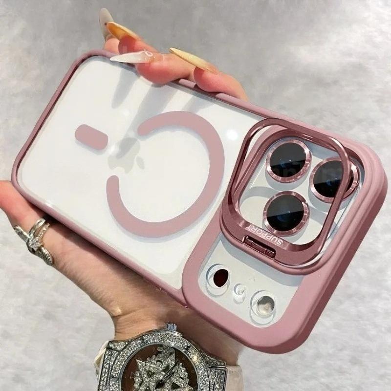 Luxury For Magsafe Magnetic Clear Phone Case For iPhone 17 Air 16 15 14 Plus 13 12 17 Pro Max Stand Glass Lens Protector Cover