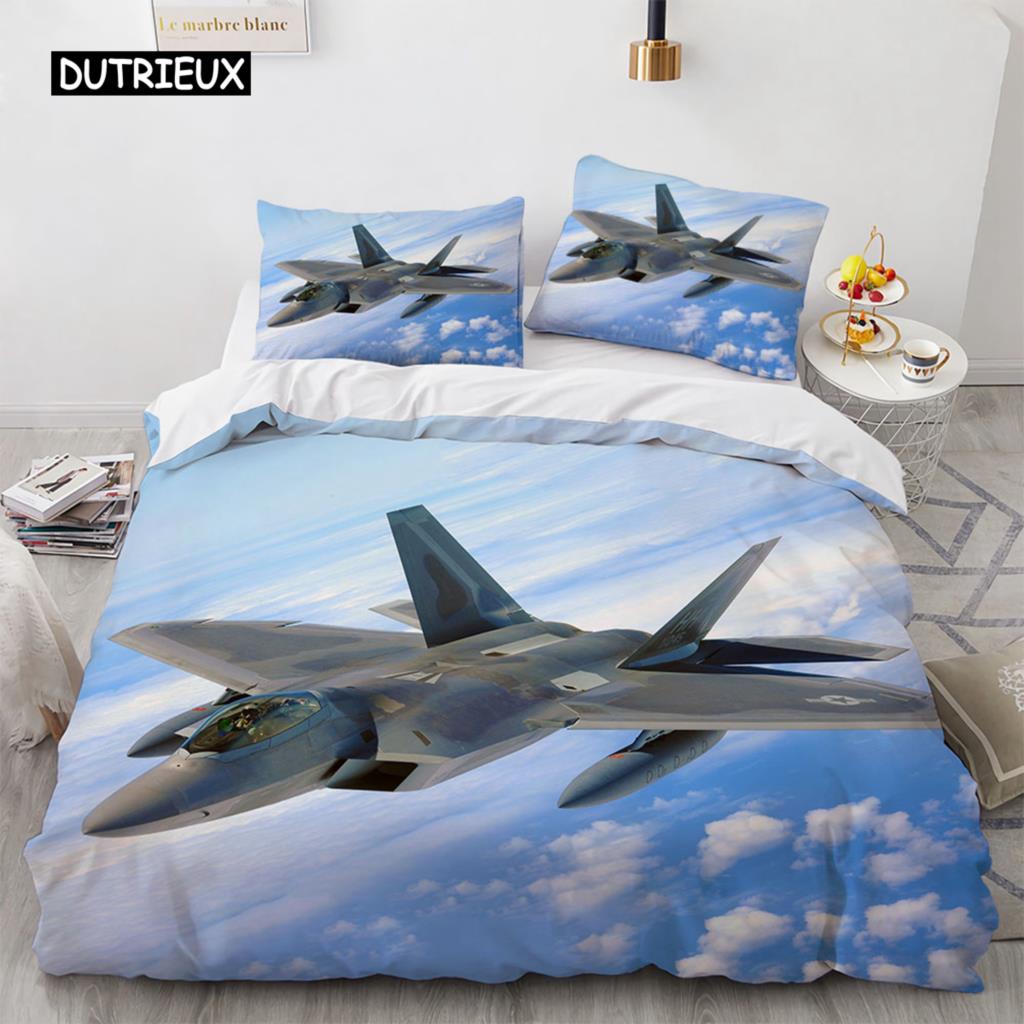 Fighter Plane King Queen Duvet Cover Military Aircraft Theme Bedding Set Kids Boys Men Sunset Airplane Polyester Comforter Cover