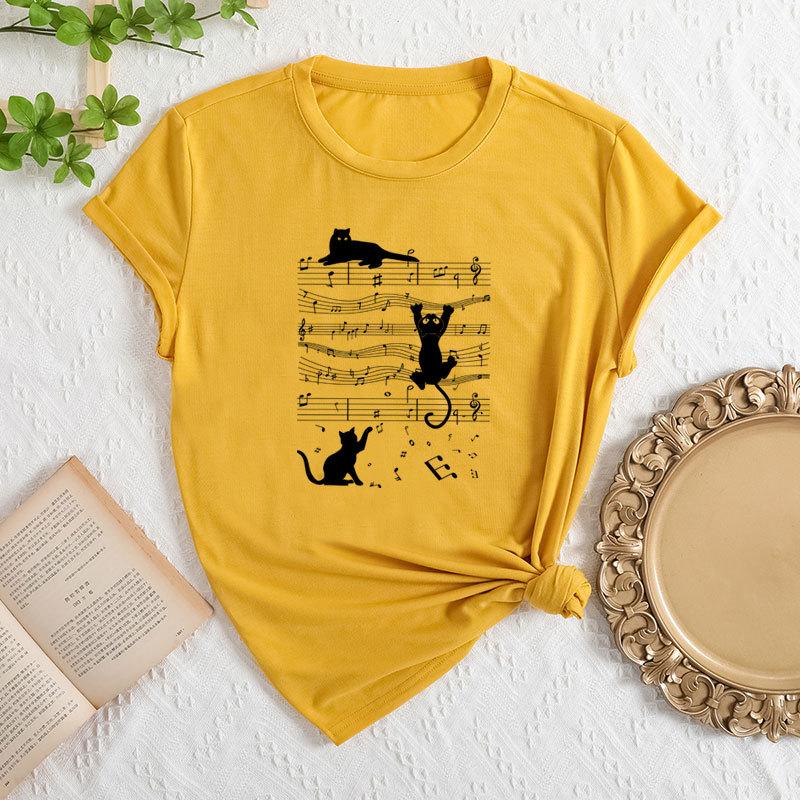 Summer Women's Sheet Music Print Loose Round Neck Casual Pure Cotton Short Sleeved T-shirts Women's