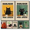 Bonjour Mon Amour Pisică Neagră Artă Pânză Imprimată Mid-century Câine Bea Cafea Poster Artă de Perete pentru Sufragerie Modernă Decor Acasă Cadou