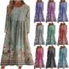 Women's Casual -neck Print Mid-length Dress Long-sleeved Pocket Dress