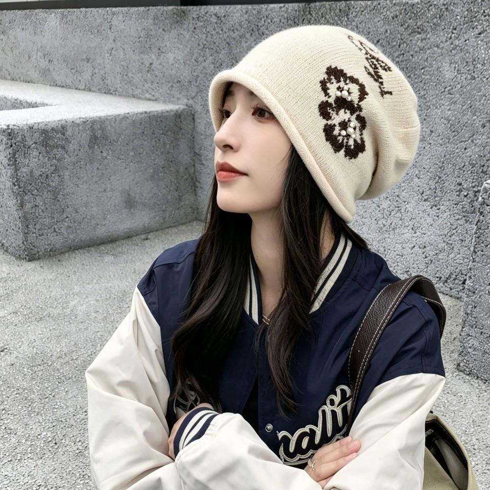 Ear Protection Jacquard Knit Hat Stretchy Flower Pattern Knitted Pile Cap  Casual