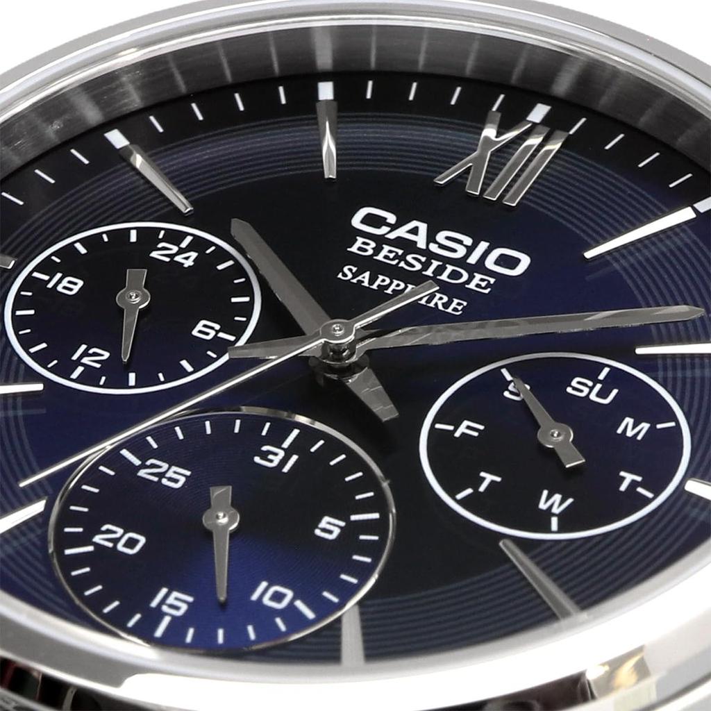 Casio BESIDE Quartz Men Watch Sapphire Glass Stainless Steel Band Multiaxis 24 Hour Display Navy BMS-300D-2AV