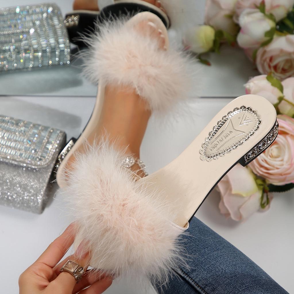 2025 Fluffy Peep Toe Middle Heels Women Luxury Slippers Lady Wedding Slip-On Pink Square Toe Women Slides Women