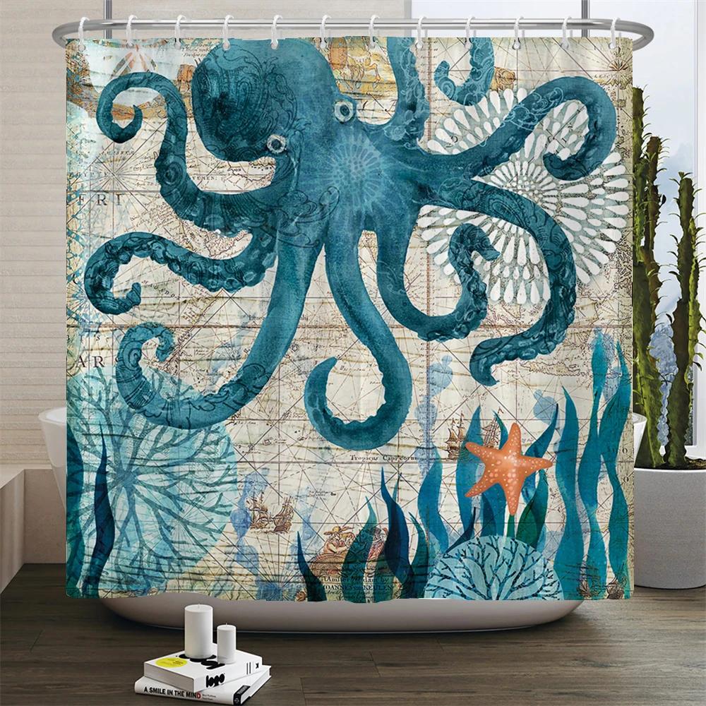Octopus Seas Douchegordijnen Badgordijn 180*180cm Waterdicht Badkamer Woondecoratie Wasbaar Stoffen Badkamerscherm Met 12 Haken