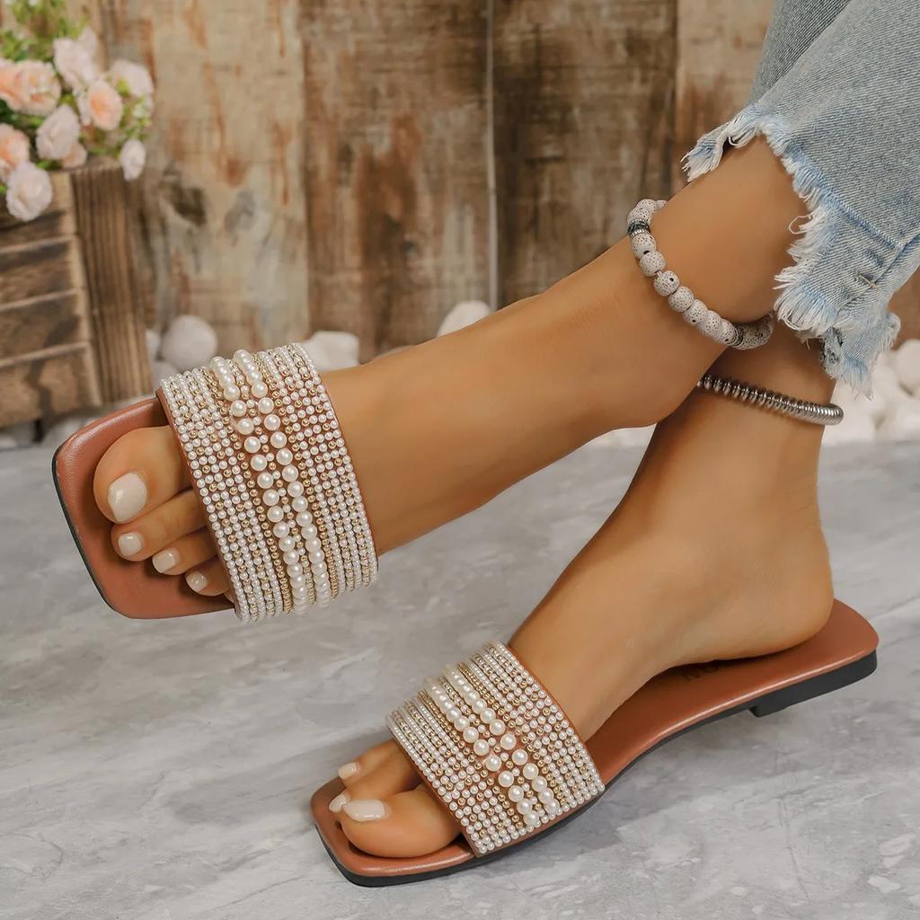 Dam Lyx Pärltofflor 2024 Sommar Fyrkantig Tå Ballerinaskor Sandaler Dam Bekväma Halkfria Strandflipflops Stor Storlek 43