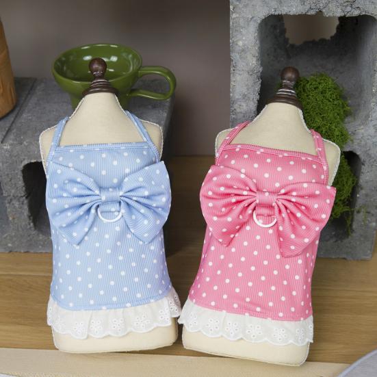 Cute Dot Print Dog Dress Lace Ruffle Trim Princess Dress with Large Bow Summer Sleeveless Pet Outfits with D Ring for Small Dogs Cats