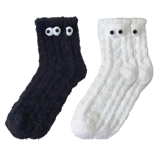 2 Pairs Funny Fluffy Socks with Big Eyes Women Fuzzy Warm Sleep Socks Winter Cozy Thick Socks for Indoor Lounging And Sleeping