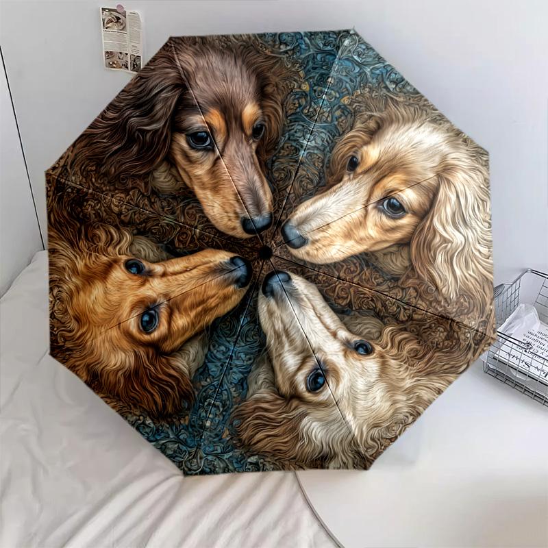 Retro Dog  pattern, automatic folding umbrella, portable and foldable design, 8 ribs, a Christmas or birthday gift.