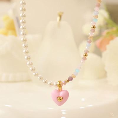 VINTAGEPINK Pink Heart Volume Heart Pink Pub Bead Necklace