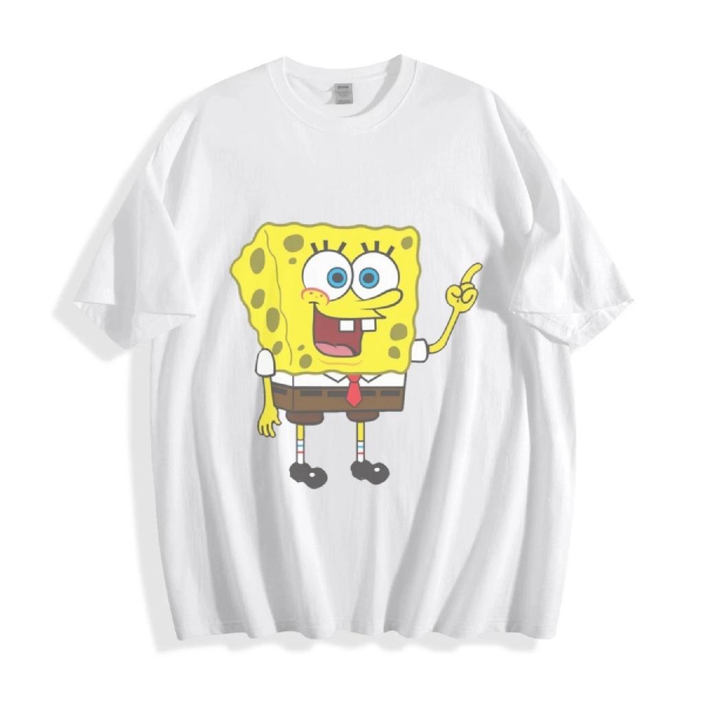 SpongeBob SquarePants Pointing Fun T-Shirt Cheerful Gesture Unisex Tee Pure Cotton Fashion Trend Leisure Vacation Summer Loose