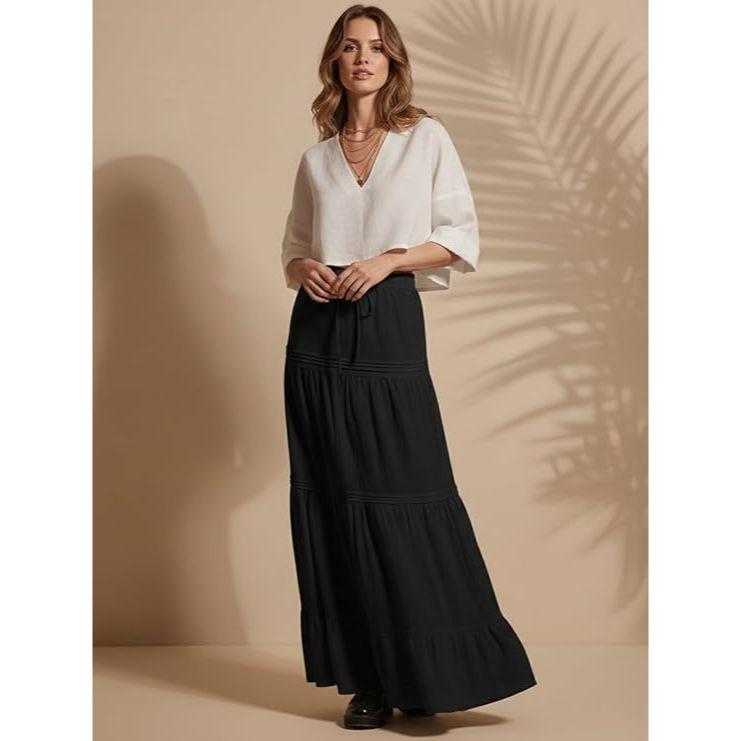 Women's Summer Ruffle Hem PolyBlend Maxi Skirt | High Waist Long Skirt's | Plain A-Line Flowy Skirt for All Occasions | Elegant Boho Style