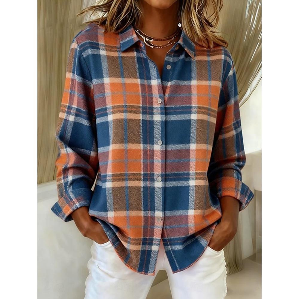 Damenhemd Bluse Kariert Lässig Langarm Hemden Kragen Reguläre Oberteile Täglich Patchwork Knöpfe Druck Herbst Winter