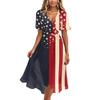 Women’s V Neck Short Sleeve Midi Dress with Firework and Flag Print Summer A Line Casual Flowy Lightweight Dress