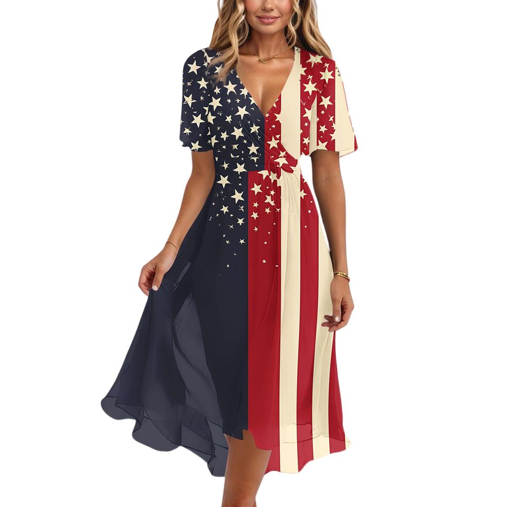 Women’s V Neck Short Sleeve Midi Dress with Firework and Flag Print Summer A Line Casual Flowy Lightweight Dress