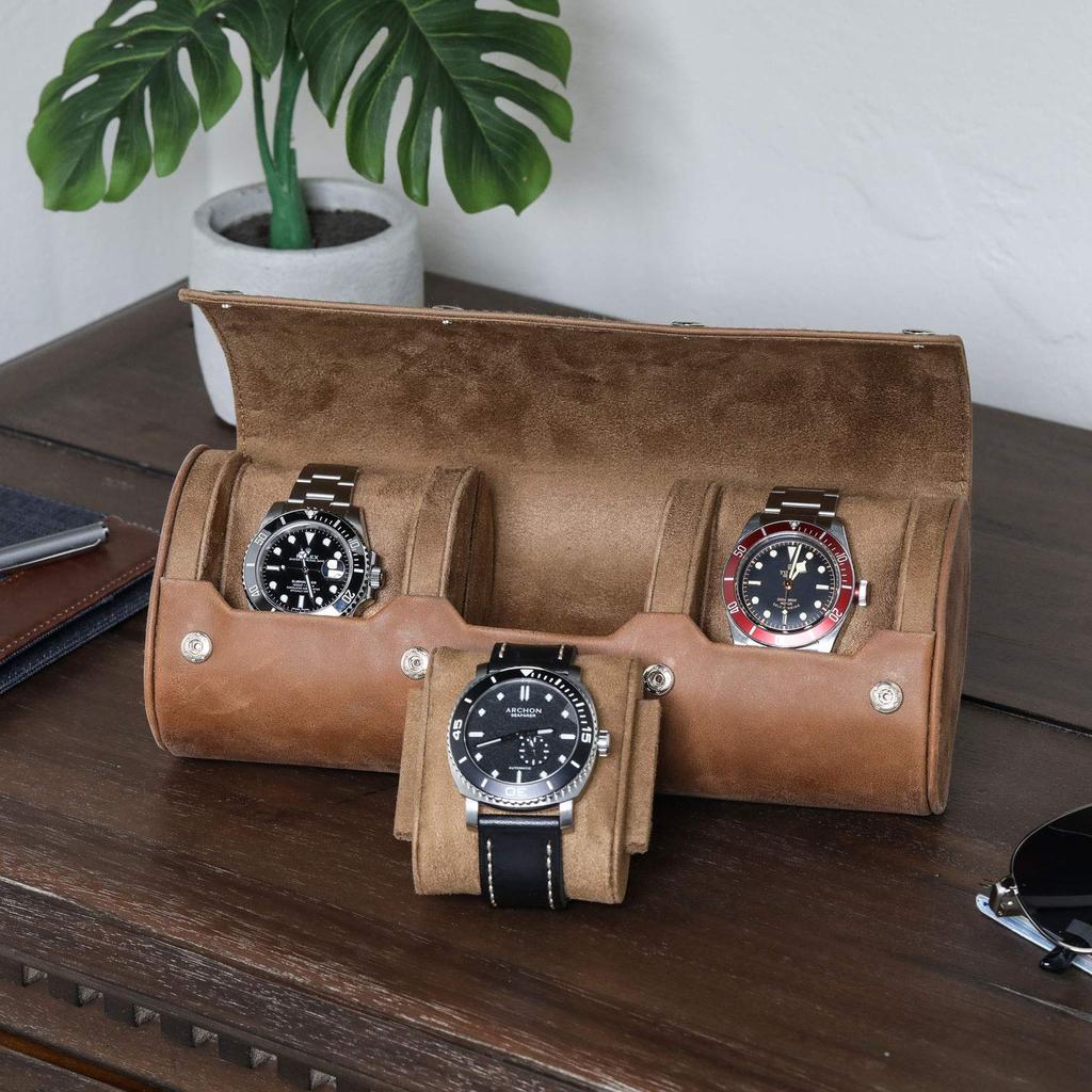 ROTHWELL Watch Roll Travel Case 3 Watches Genuine Leather Portable 50mm