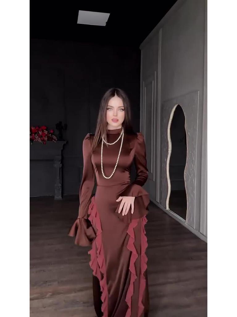 2025 High Neck Satin Chiffon Patchwork Lace-up Spring Dress