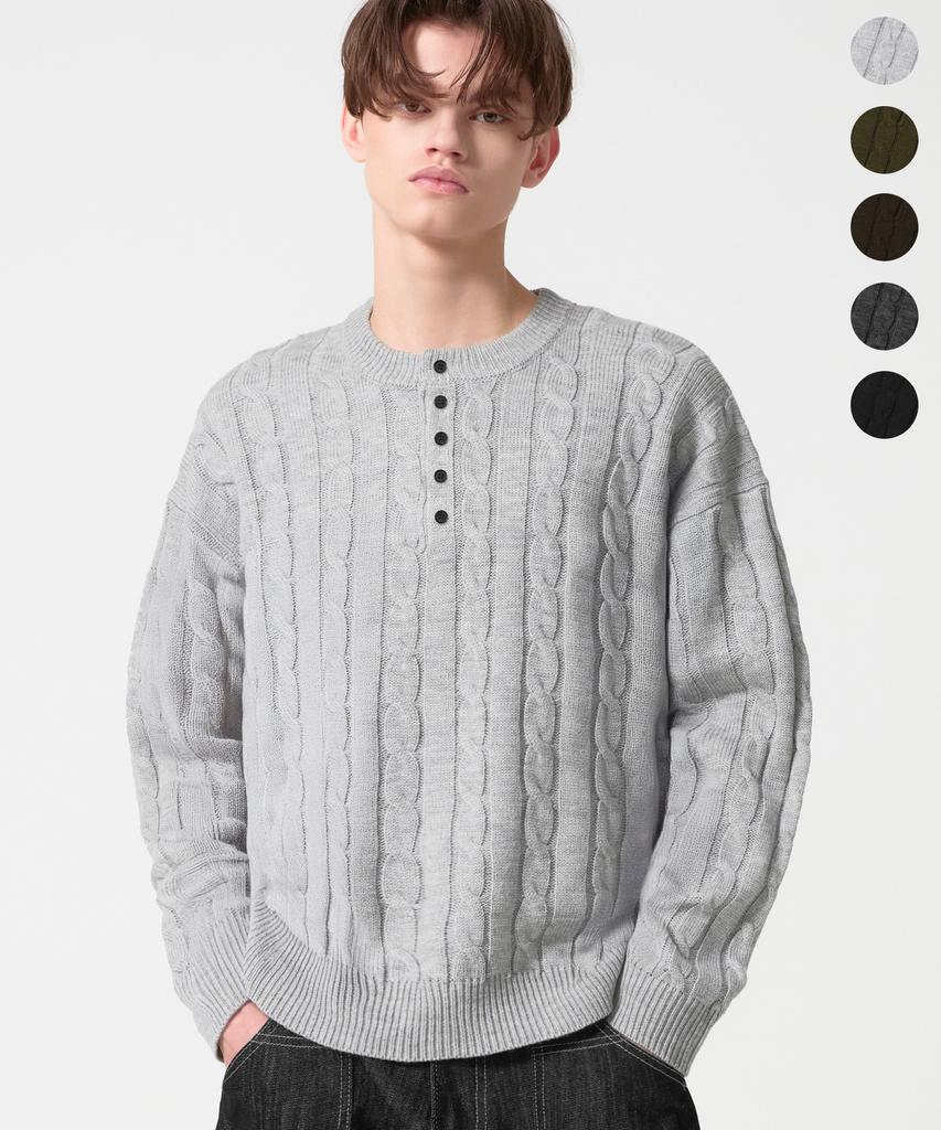TRILLION Semi-Crop Henley Neck Cable Knit_5Color