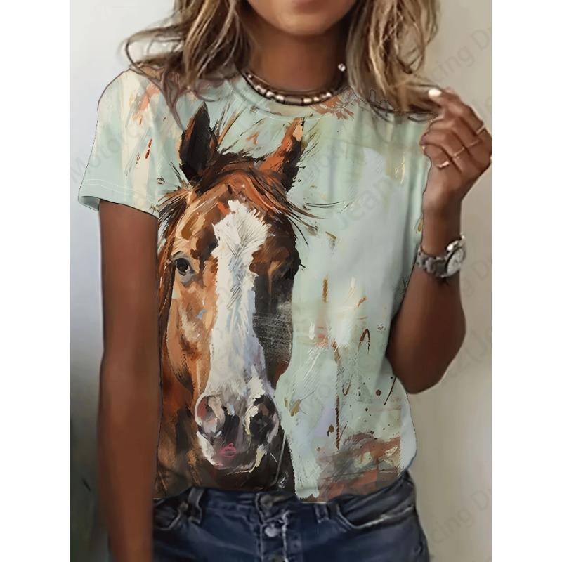 Summer Vintage Women's T-shirt Horse 3d Print Tshirt Women Fashion T-shirt Crew Neck Short Sleeve T Shirt Kids Tops Tees Animal