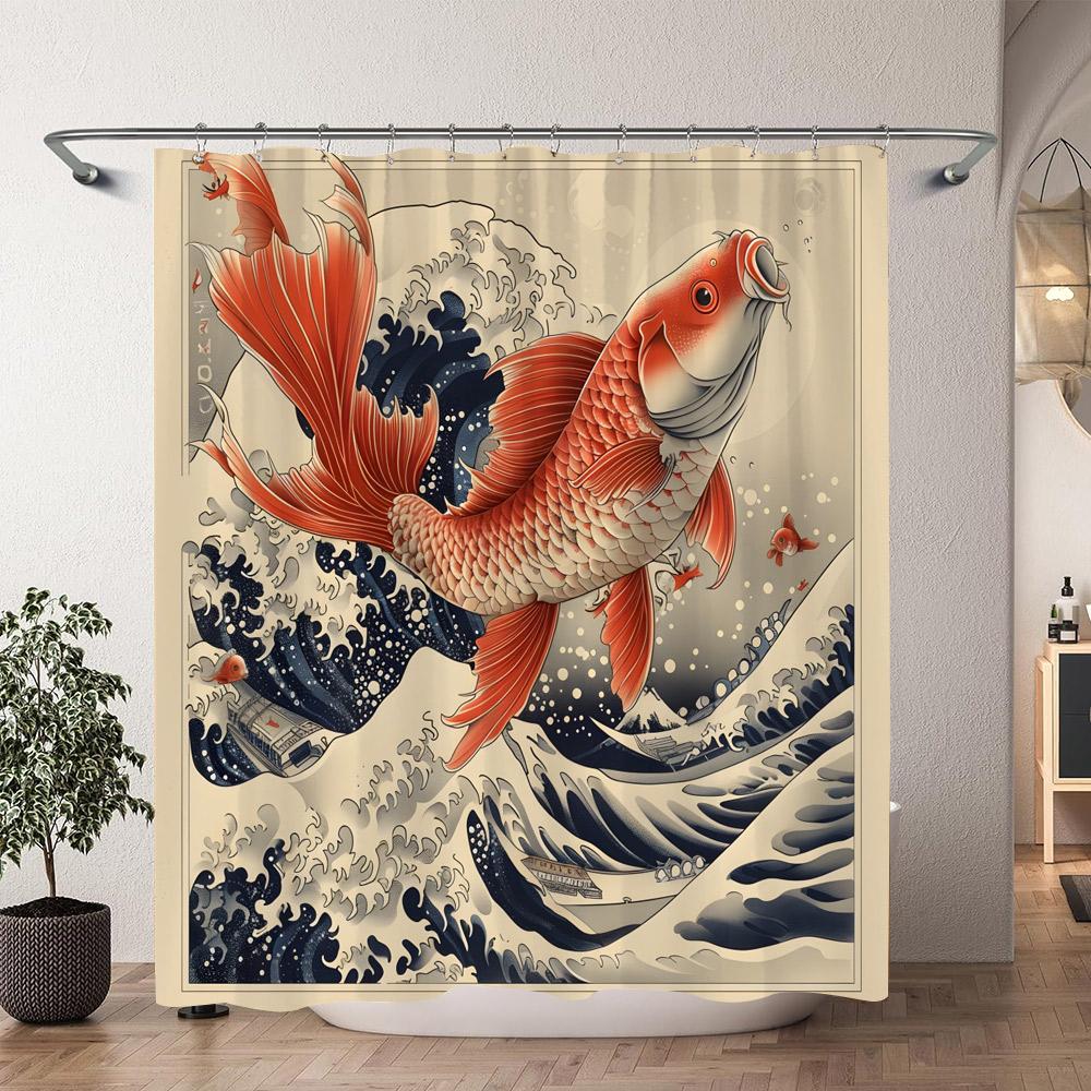 Japanese Sea Waves Red Koi Shower Curtain Ink Painting Printed Polyester Fabric Shower Curtain Bathroom Decoration with Hooks