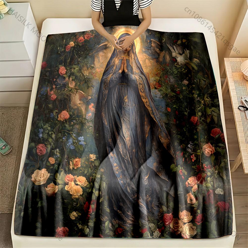 1PC Virgin praying surrounded by roses Print Blanket Warm Soft Fluffy Kids and Adult Sofa Bed Throw Blanket Travel Camping RV
