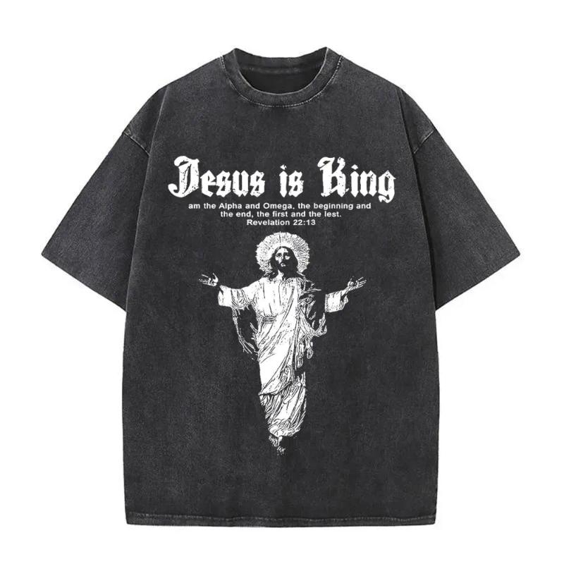 Maglietta Gesù è Re Vintage Lavata Grafica Cristiana per Uomo e Donna - T-shirt Religiosa Oversize 100% Cotone
