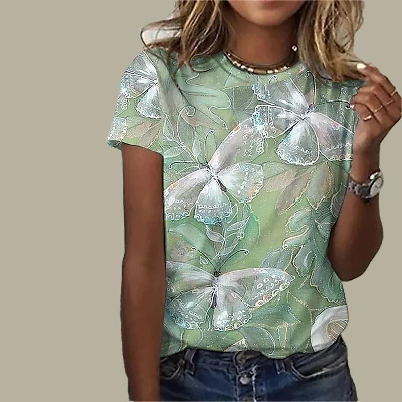 Women's Summer T-shirt Blue Butterfly Printed Short Sleeved T-shirt Casual Printed Top