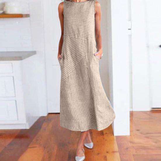 Summer Sundress Striped Print Sleeveless O Neck A-line with Side Pockets Loose Mid-calf Length Patchwork Casual Daily Wear Midi Dress