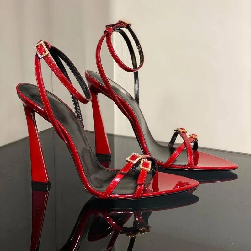 2024 New Super High Heel Open Toe Versatile Sandals Female Pointed Head Fine Heel Banquet Red High Heels Sexy Women Shoes Slides
