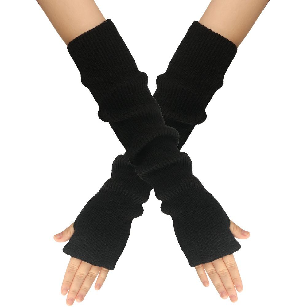 Gants longs décontractés à manches longues sans doigts en tricot uni pour bras Manches chauffantes pour bras Couvre-bras doux pour femmes Filles