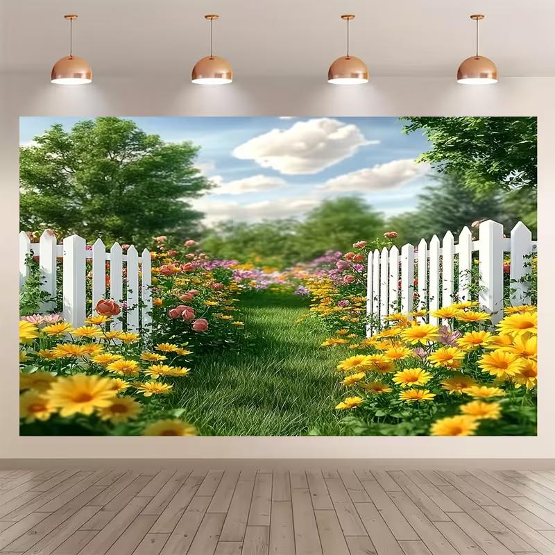 2D Witte Schutting Kleurrijke Bloemen Zonnige Tuin Achtergrond