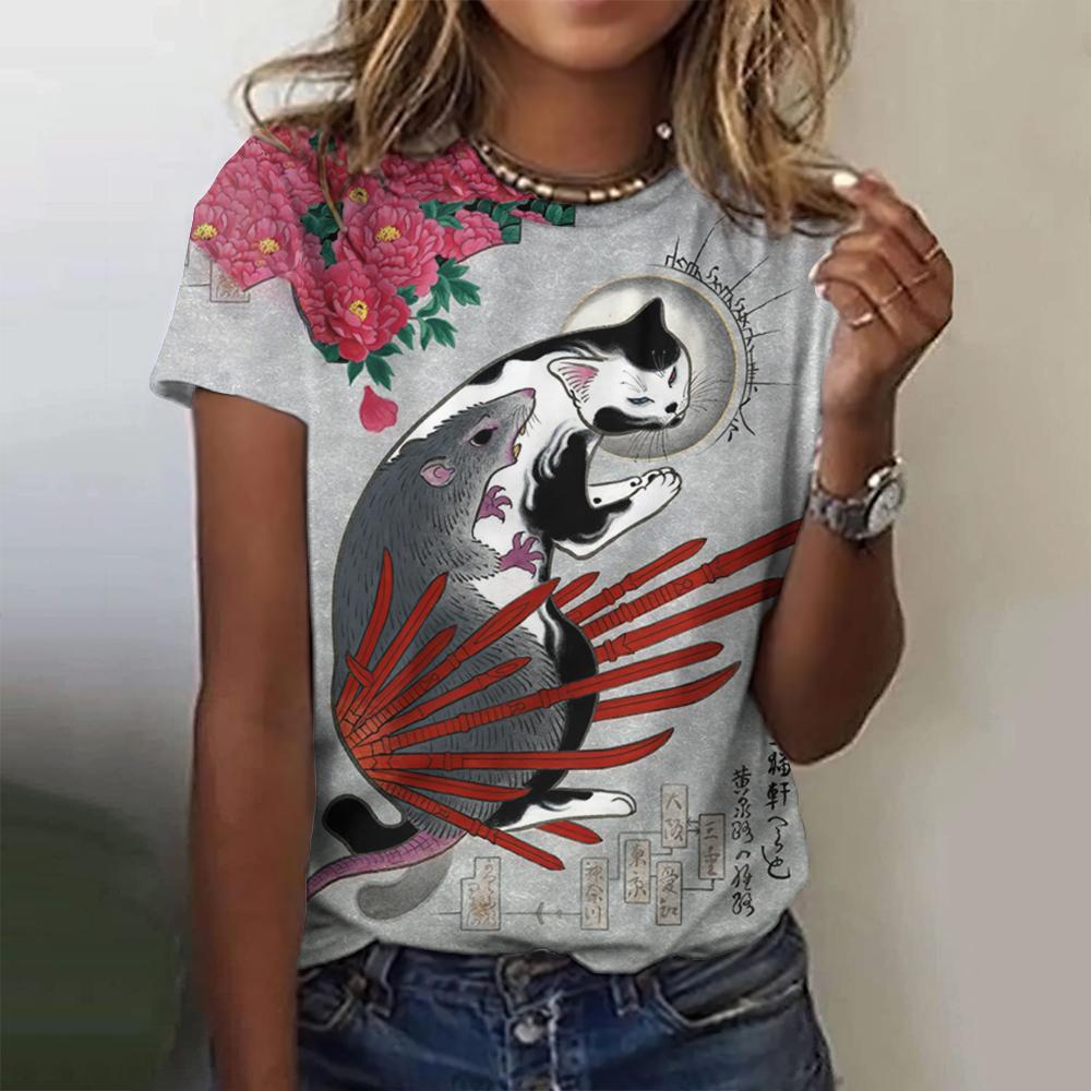 T-shirt da Donna Estiva Girocollo Moda Stampata Cartone Animato Top Casual Ampio Retro Harajuku Manica Corta