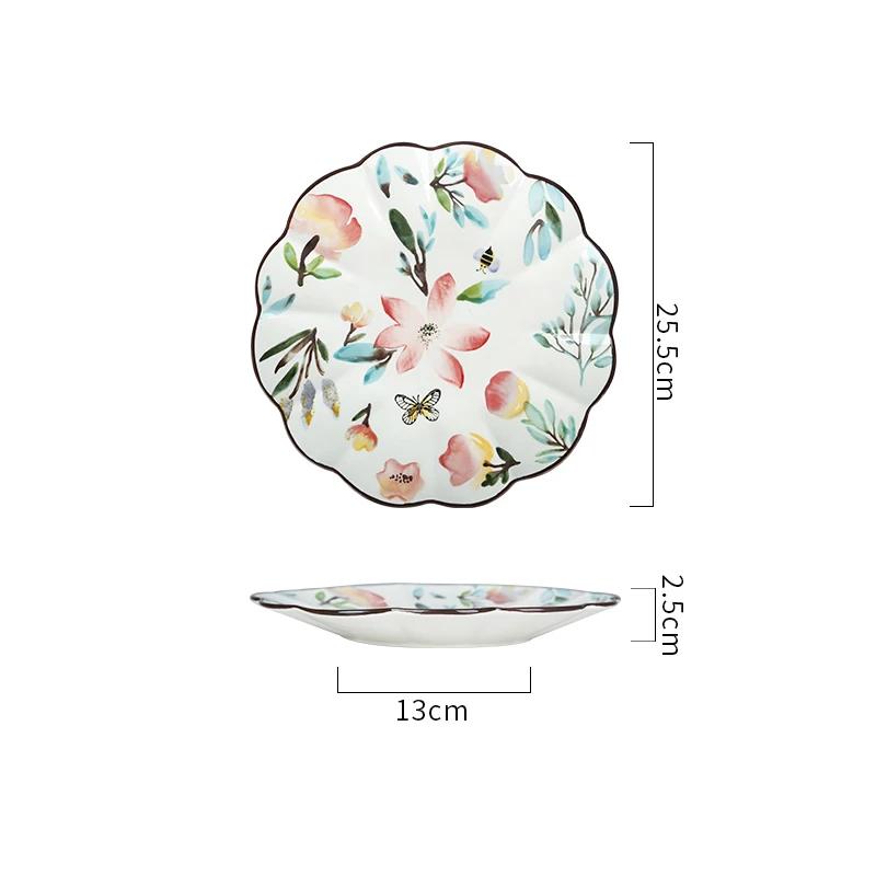 Vintage Hand Drawn Flowers Ceramic Plate Exquisite Afternoon Tea Dessert Fruits Plate Household Delicious Dishes Dining Plates