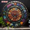 Vintage Round Metal Sign Ancient Calendar Stained Glass Style Wall Art Home Decor Indoor