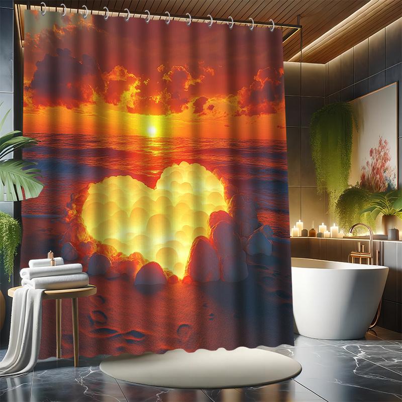 Ensemble de rideaux de douche Cœur au coucher du soleil - Scène de plage, 12 crochets, Polyester résistant à l'eau, Décor de salle de bain moderne