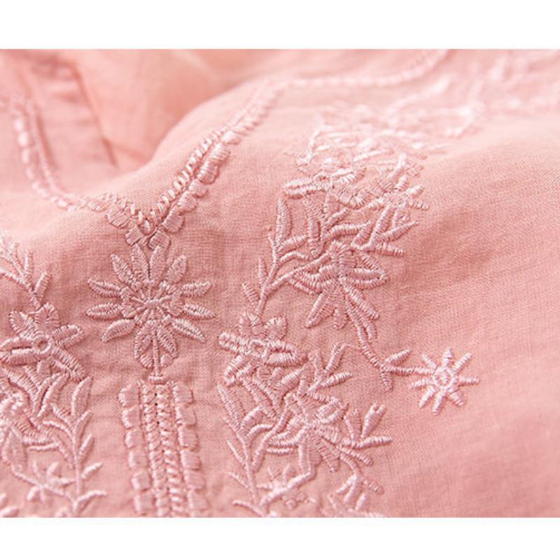 New Cotton Linen Embroidery V-neck Plus Size Shirt