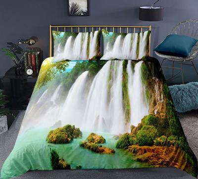 Nature Duvet Cover Set Waterfall Flowing Down The Rocks Cascade Valley Image Decorative Polyester Bedding Set with Pillowcase